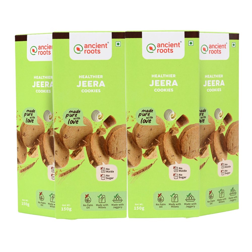 Ancient Roots Jeera Cookies | Namkeen Cookies  600 gm (150gm x 4) | Namkeen Biscuits Made with Millet Flours, White Butter and Jaggery | No Maida and No Refined Sugar (Pack of 4)