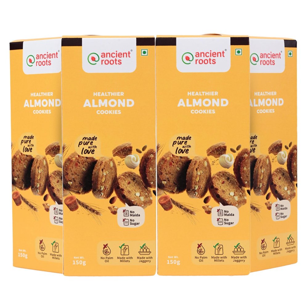 Ancient Roots Almond Cookies | Gluten Free Biscuits for Tea, Coffee, Kids  600 gm (150gm x 4) | Made with Millet Flours, White Butter and Jaggery | No Maida and No Refined Sugar (Pack of 4)