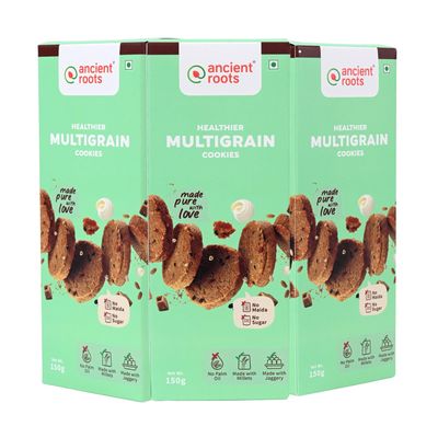 Ancient Roots Multigrain Cookies | Tea Biscuits, Breakfast Snacks for Kids 450 gm (150gm x 3) | Made with Millet Flours, White Butter and Jaggery | No Maida and No Refined Sugar (Pack of 3)