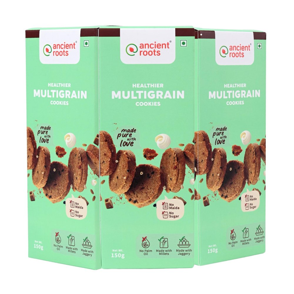 Ancient Roots Multigrain Cookies | Tea Biscuits, Breakfast Snacks for Kids 450 gm (150gm x 3) | Made with Millet Flours, White Butter and Jaggery | No Maida and No Refined Sugar (Pack of 3)
