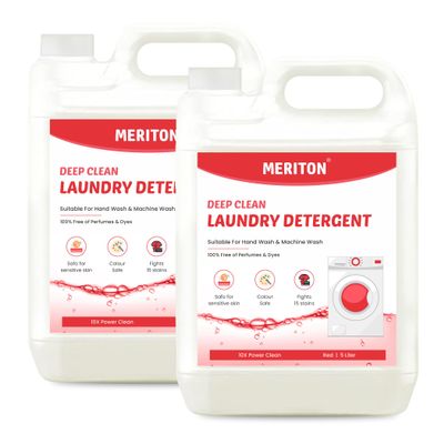 MERITON Deep Clean Liquid Laundry Detergent 5L, 100% Perfume & Dye Free, Gentle On Sensitive Skin, Color-Safe, Effective On 15 Stains, Ideal For Hand And Machine Wash (Pack of 2)