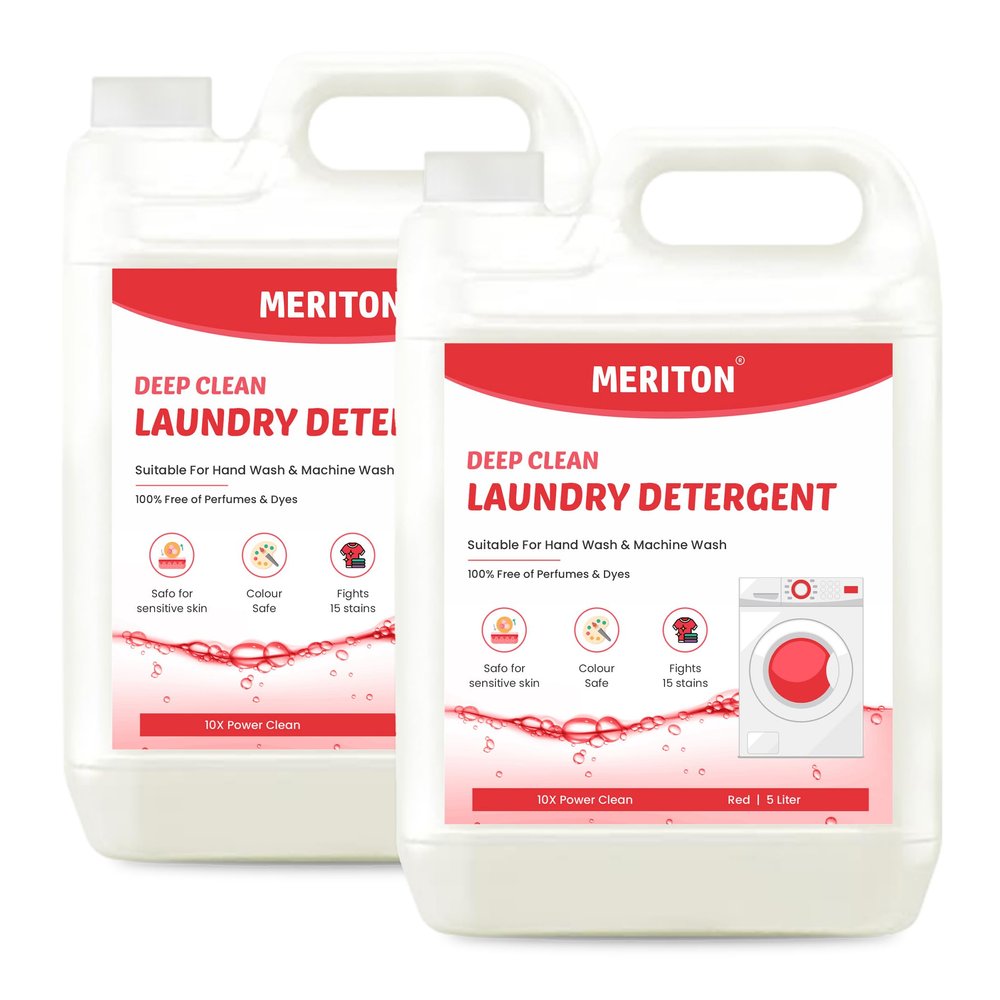MERITON Deep Clean Liquid Laundry Detergent 5L, 100% Perfume & Dye Free, Gentle On Sensitive Skin, Color-Safe, Effective On 15 Stains, Ideal For Hand And Machine Wash (Pack of 2)
