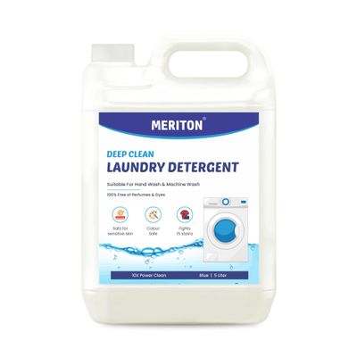MERITON Deep Clean Laundry Liquid Detergent 5L, 100% Dye Free, Color Safe Formula, Effective On 15 Stains, All Type Washing Methods