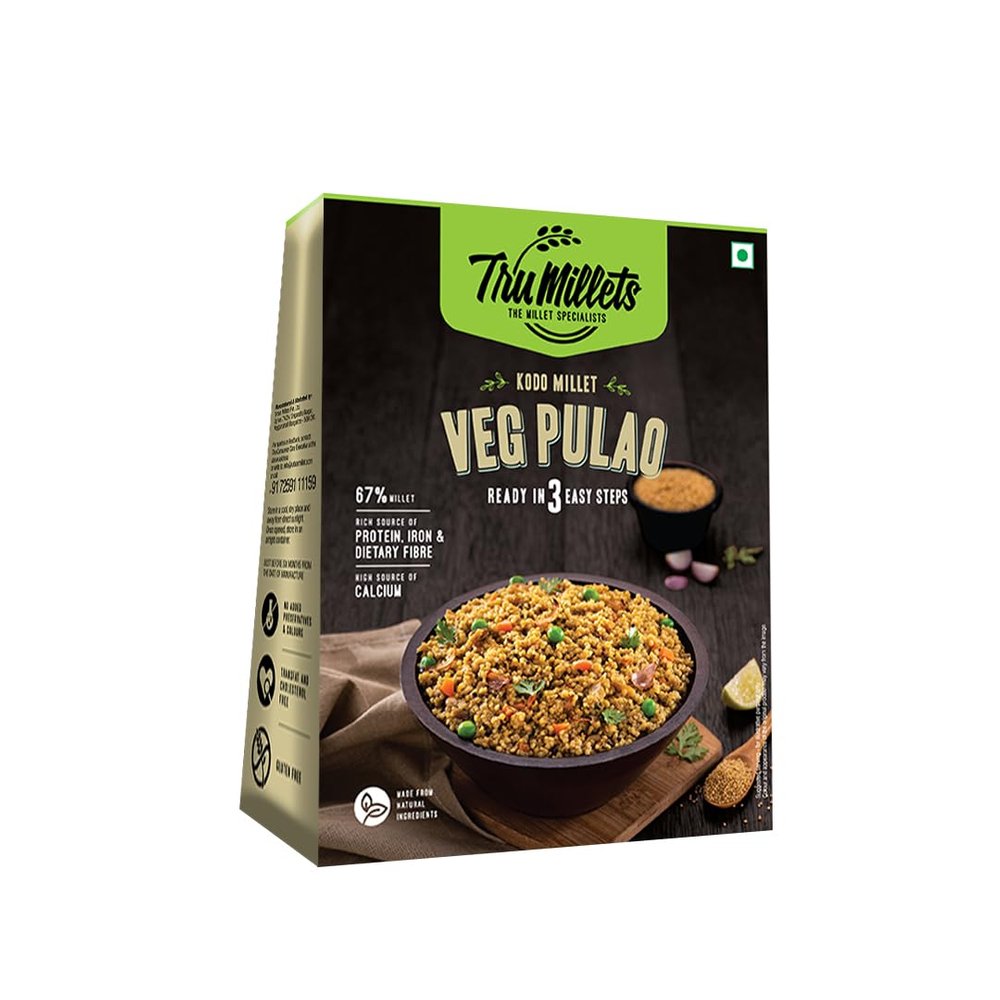 Trumillets Veg Pulao,Made with Kodo Millet,Protein (23g Per 100g) ,A nutrient-dense grain,Rich In Protein,Iron,Calcium,Fibre,Pure Veg Heat and Eat Rice Dish , Ready to Eat, low glycemic index,suitable for diabetics,No Artificial Colors ,No Palm Oil,K