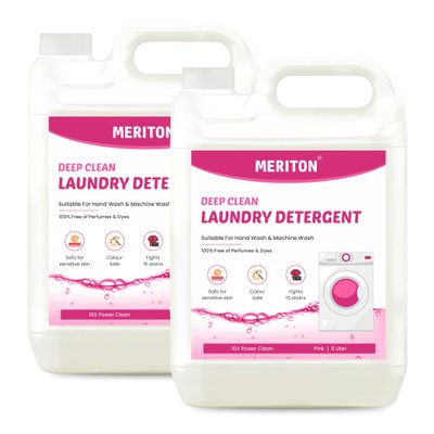 Meriton Deep Clean Laundry Liquid Detergent 5L | Powerful Stain Removal For Tough Stains | Gentle On Fabrics | Chemical-Free Formula | Compatible With All Machines | Refreshing Scent (Pack Of 2)
