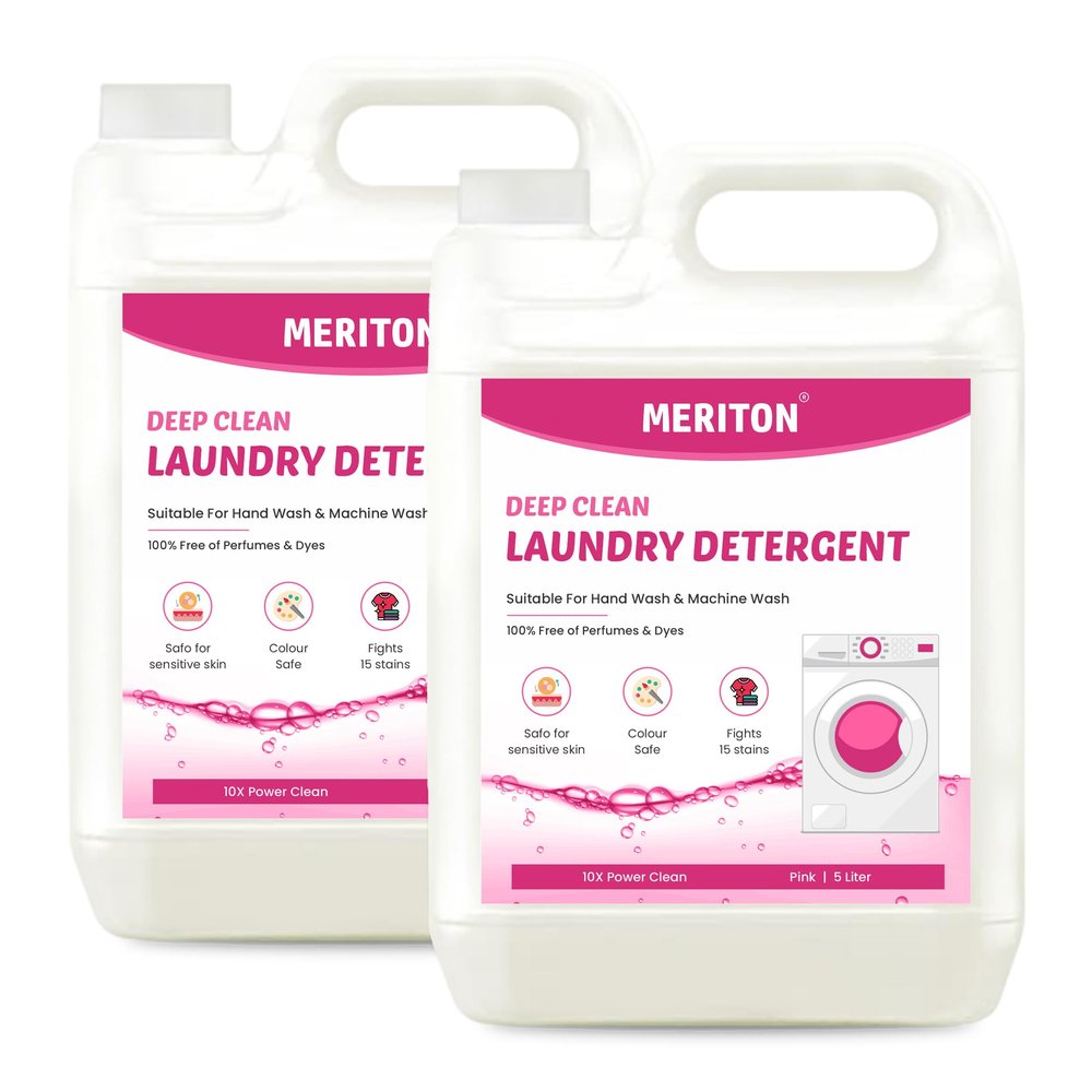 Meriton Deep Clean Laundry Liquid Detergent 5L | Powerful Stain Removal For Tough Stains | Gentle On Fabrics | Chemical-Free Formula | Compatible With All Machines | Refreshing Scent (Pack Of 2)