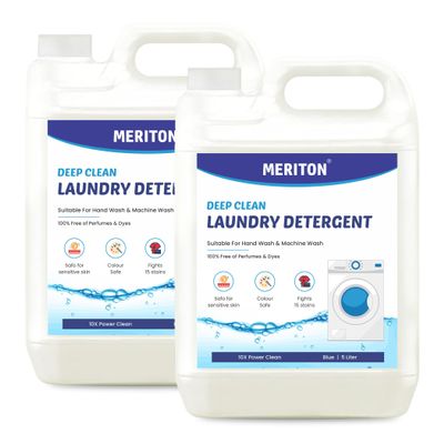 MERITON Deep Clean Laundry Liquid Detergent 5L, 100% Dye Free, Color Safe Formula, Effective On 15 Stains, All Type Washing Methods (Pack Of 2)
