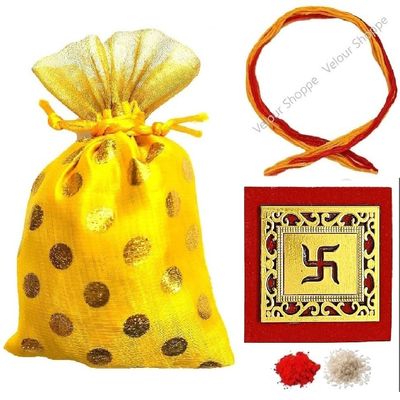 Bhai Dooj Tikka for Brother- Kalawa Dhaga with Designer Swastik Pack of Roli Chawal Chandan Mishra in a Potli for Sweet Bhai Bhaiya