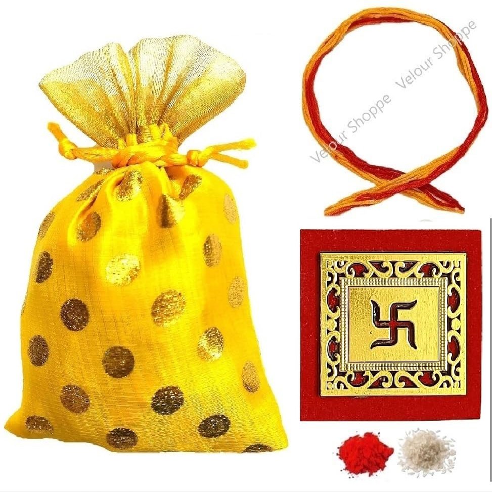 Bhai Dooj Tikka for Brother- Kalawa Dhaga with Designer Swastik Pack of Roli Chawal Chandan Mishra in a Potli for Sweet Bhai Bhaiya
