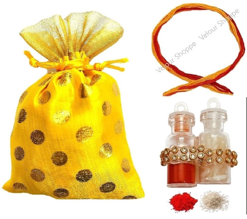 Bhai Dooj Tikka for Brother- Kalawa Dhaga with Glass Pack of Roli & Chawal Rice Tikka in a Potli for Sweet Bhaiya Bhai