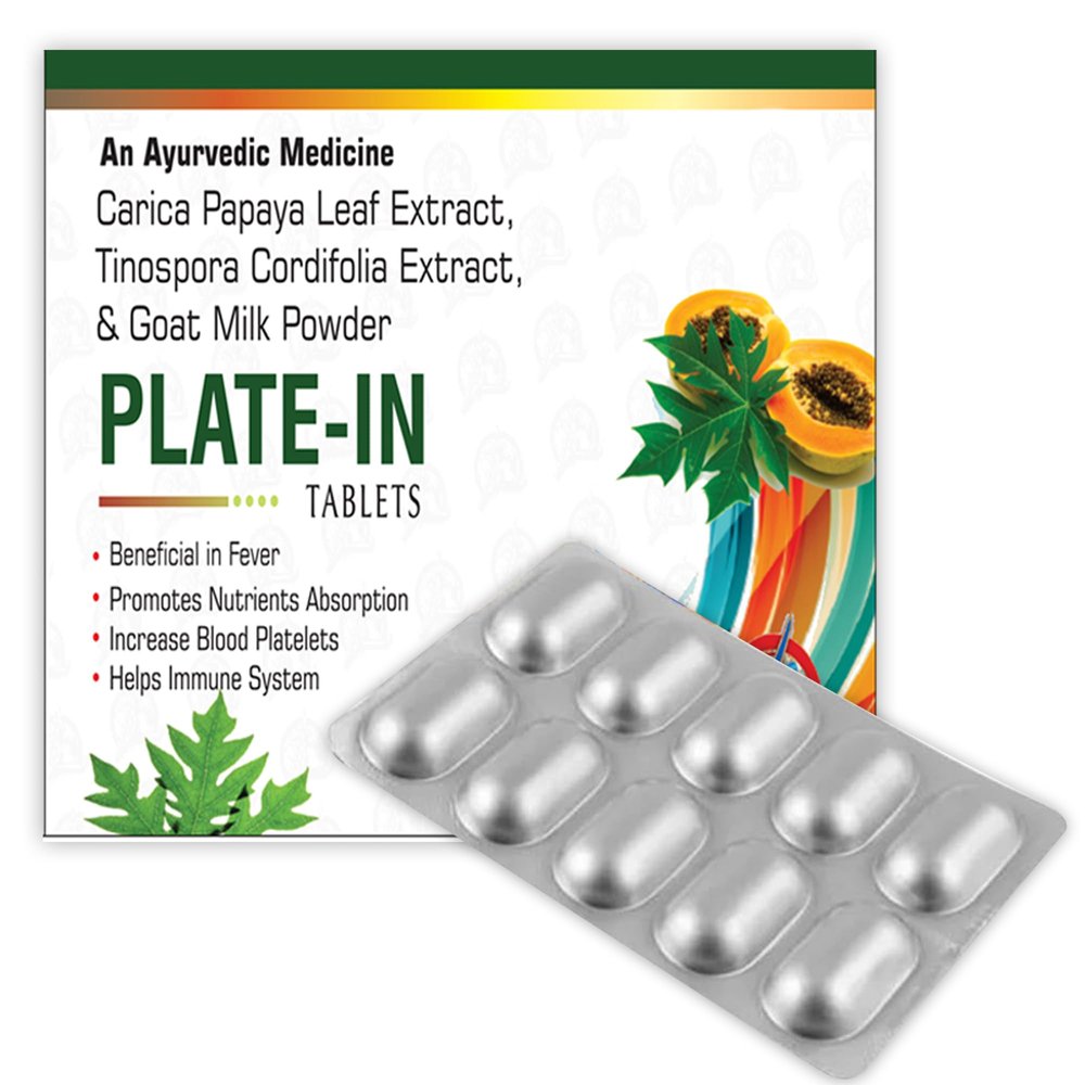 Plate-In Tablets, Ayurvedic Medicine with Carica Papaya Leaf Extract, Tinospora Cordifolia Extract, Goat Milk Powder I Improve Blood Platelets Count (10 Tablets)