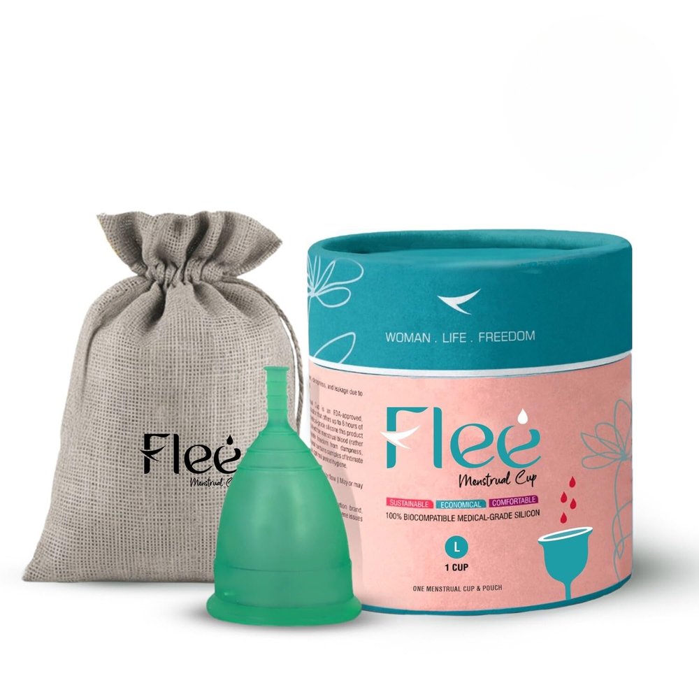 Bluefin Flee Reusable Menstrual Cup for Women - Small | Medium | Large Size With Pouch | Clean your Period Cup Effortlessly | Silicone Body, Odour And Rash Free, No Leak (AQUA GREEN, LARGE)