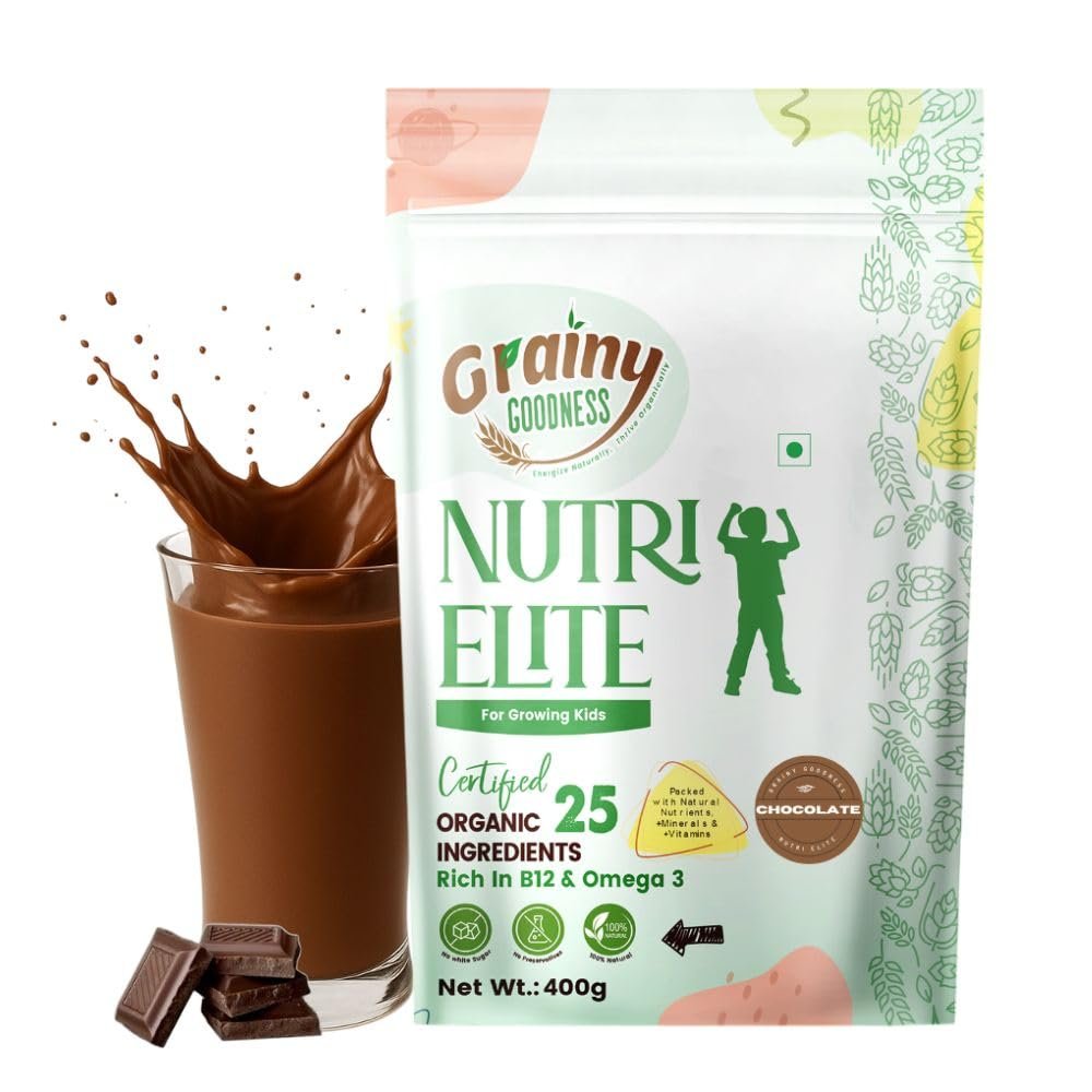GRAINY GOODNESS NutriElite Kids Nutritional Milk Mix Powder | 25 Certified Organic Ingredients | High Protein & Calcium for Growth & Health | Age 2 to 13 Years | Chocolate (400g) + Cardamom (100g)