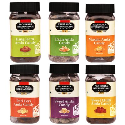 Pachranga's 6-in-1 Amla Candy Combo  Hing Jeera, Paan, Masala, Peri Peri, Sweet Chilli, and Sweet Flavors, 125g Each