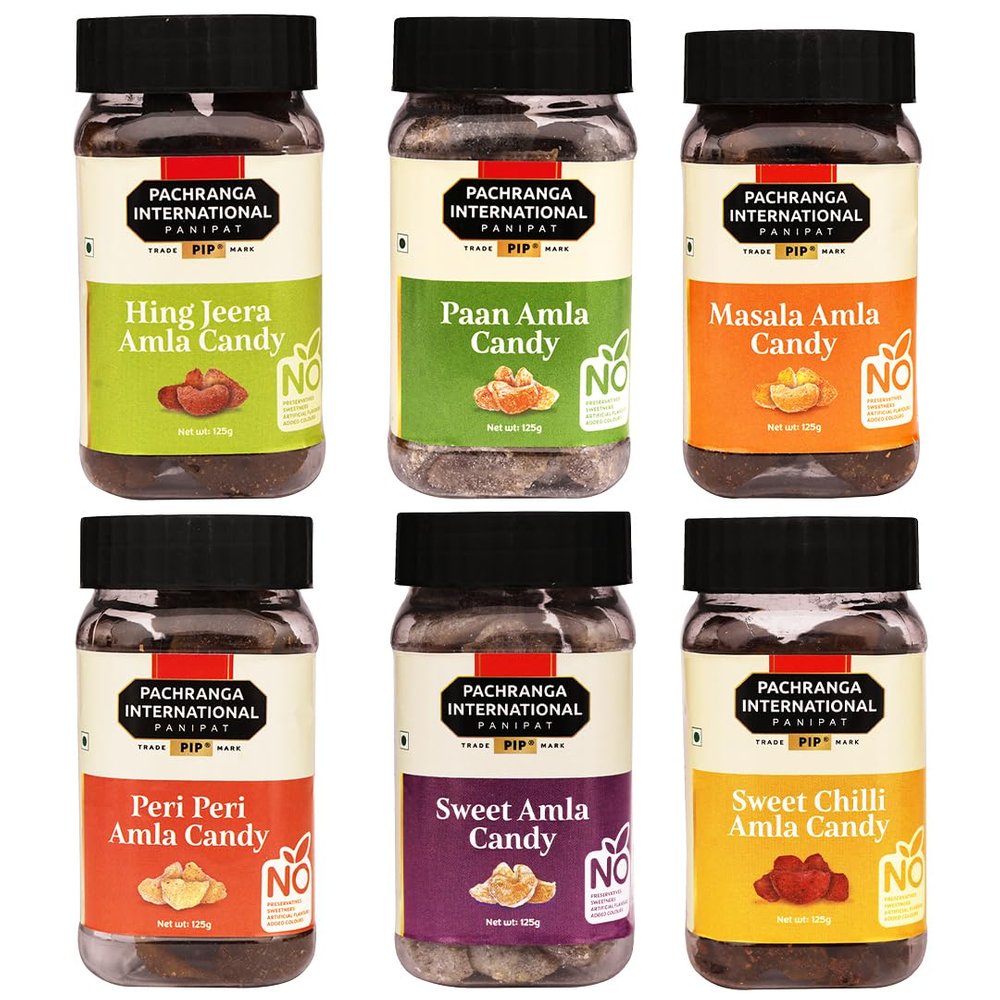 Pachranga's 6-in-1 Amla Candy Combo  Hing Jeera, Paan, Masala, Peri Peri, Sweet Chilli, and Sweet Flavors, 125g Each