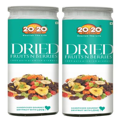20-20 Dry Fruits Organic Dried Fruits N Berries Jar-Cranberries, Strawberry, Kiwi, Mango, Papaya 400g (200g*2)| 100% Natural, No Added Sugar or Preservatives | Superfood Snack Blend for Kids and Adults (Pack of 2)