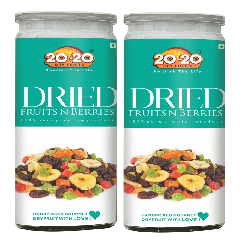 20-20 Dry Fruits Organic Dried Fruits N Berries Jar-Cranberries, Strawberry, Kiwi, Mango, Papaya 400g (200g*2)| 100% Natural, No Added Sugar or Preservatives | Superfood Snack Blend for Kids and Adults (Pack of 2)