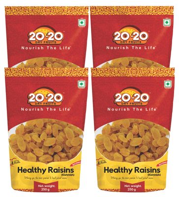 20-20 Dry Fruits Raisins Indian 1k g(250g*4) | Hand-Sorted Jumbo Indian Kishmish | Seedless Kishmish | Dried Grapes, Rich in Iron & Antioxidants | Healthy Raisins (Pack of 4)