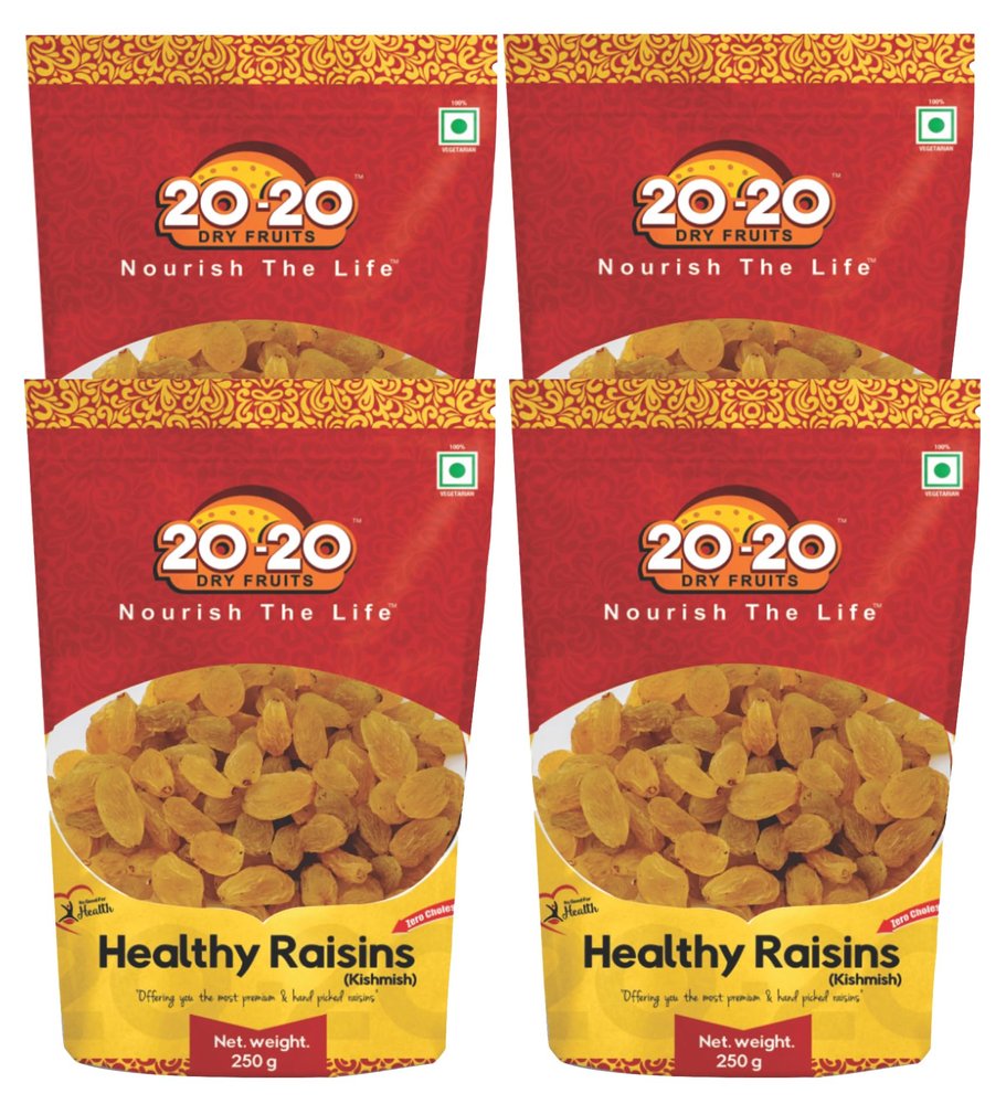 20-20 Dry Fruits Raisins Indian 1k g(250g*4) | Hand-Sorted Jumbo Indian Kishmish | Seedless Kishmish | Dried Grapes, Rich in Iron & Antioxidants | Healthy Raisins (Pack of 4)