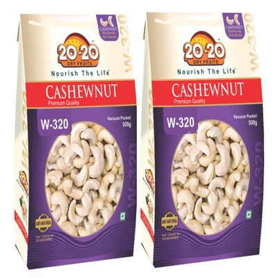 20-20 Dry Fruits Whole Cashew 500g (250g*2) | Big Size Cashew Nuts | Plain Kaju Dry fruits | Buttery, Rich Flavor & Crunchy Texture | W-320 (Pack of 2)