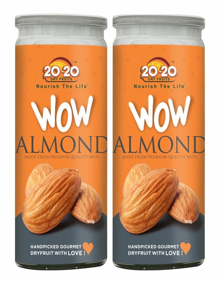 20-20 Dry Fruits Natural California Badam Jar 400g (200g*2)| Crunchy & Nutritious, Rich in Vitamin E & Healthy Fats | Perfect for Snacking & Cooking | Wow Almonds (Pack of 2)