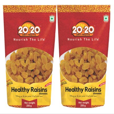 20-20 Dry Fruits Raisins Indian 500 g(250g*2) | Hand-Sorted Jumbo Indian Kishmish | Seedless Kishmish | Dried Grapes, Rich in Iron & Antioxidants | Healthy Raisins (Pack of 2)