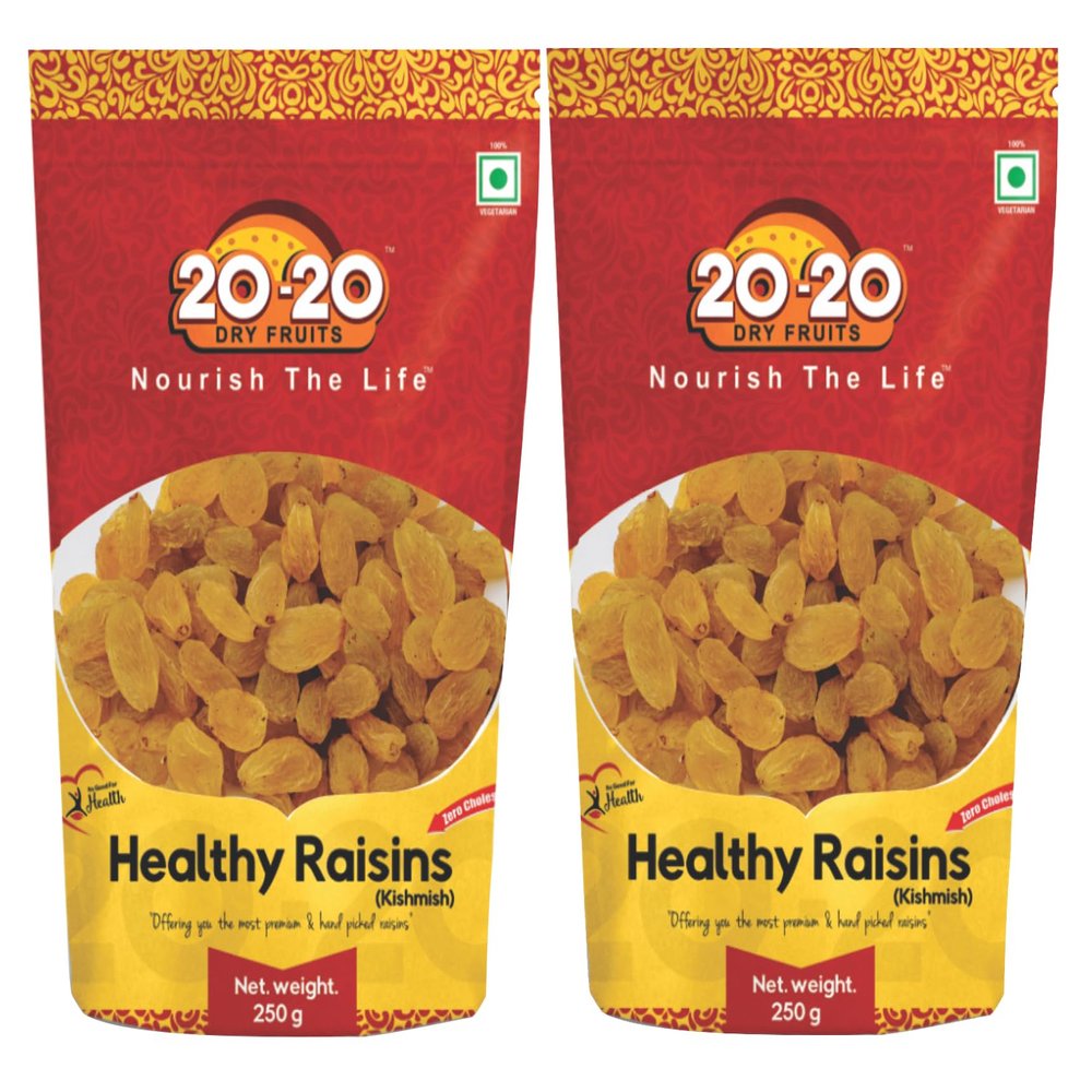 20-20 Dry Fruits Raisins Indian 500 g(250g*2) | Hand-Sorted Jumbo Indian Kishmish | Seedless Kishmish | Dried Grapes, Rich in Iron & Antioxidants | Healthy Raisins (Pack of 2)
