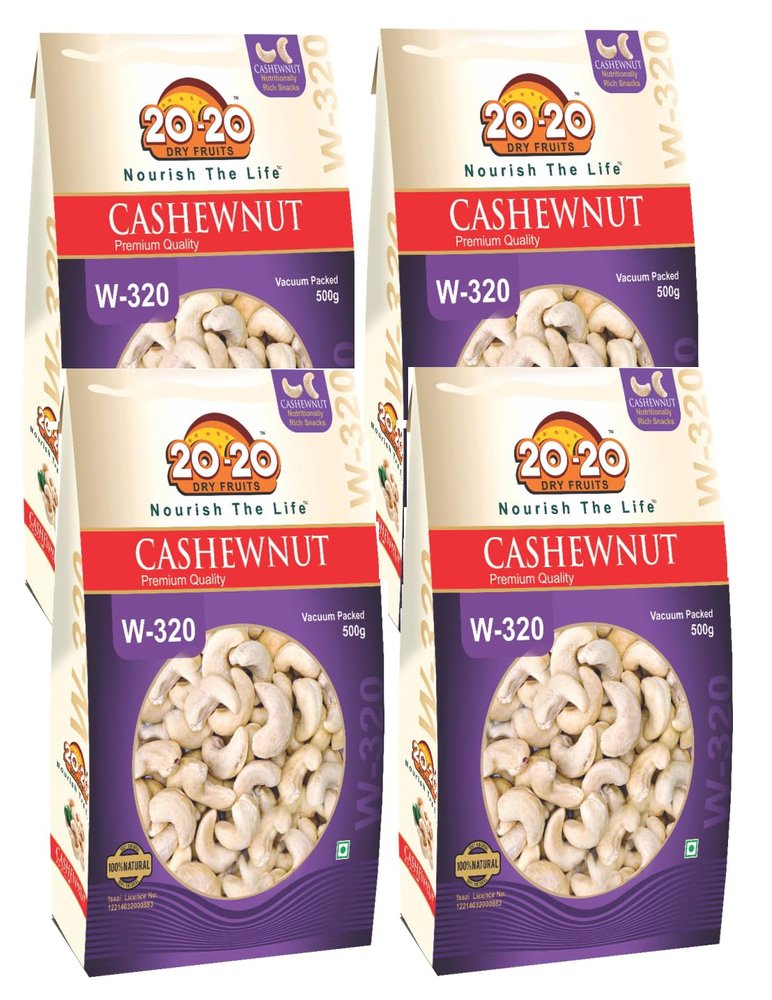 20-20 Dry Fruits Whole Cashew 1Kg (250g*4) | Big Size Cashew Nuts | Plain Kaju Dry fruits | Buttery, Rich Flavor & Crunchy Texture | W-320 (Pack of 4)