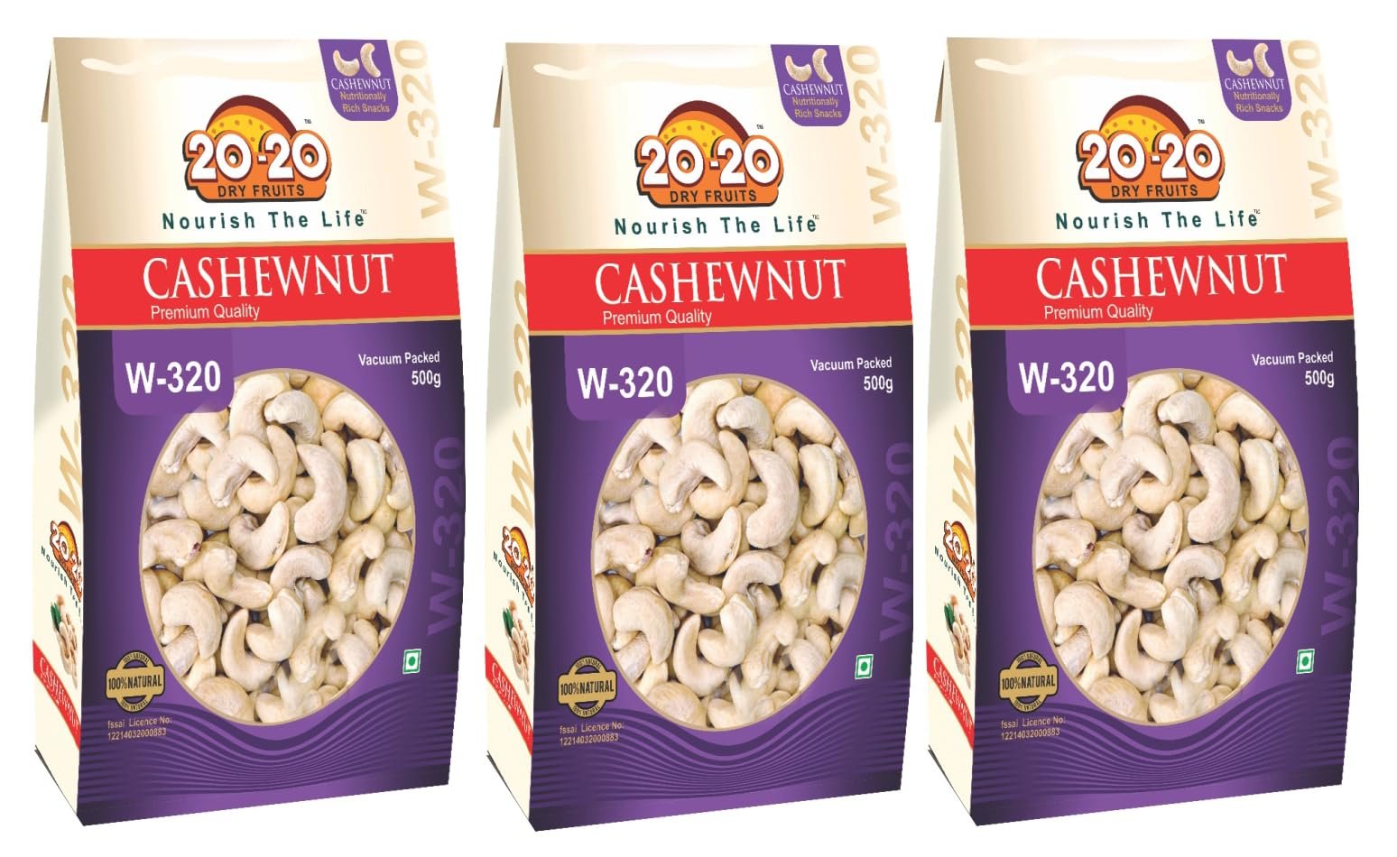 20-20 Dry Fruits Whole Cashew 750g (250g*3) | Big Size Cashew Nuts | Plain Kaju Dry fruits | Buttery, Rich Flavor & Crunchy Texture | W-320 (Pack of 3)