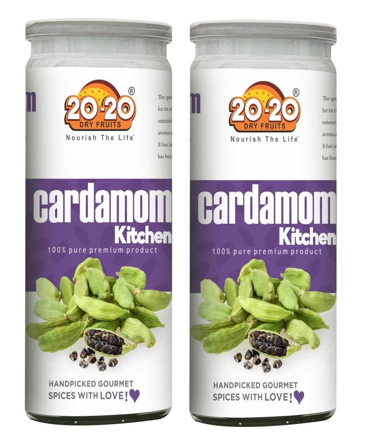 20-20 Dry Fruits Cardamom (Sabut Hari Elaichi) 200g (100g*2)| Intense Flavor for Culinary Delights | Ideal for Spices, Baking & Aromatic Beverages | Whole Pods | Cardamom Kitchen (Pack of 2)
