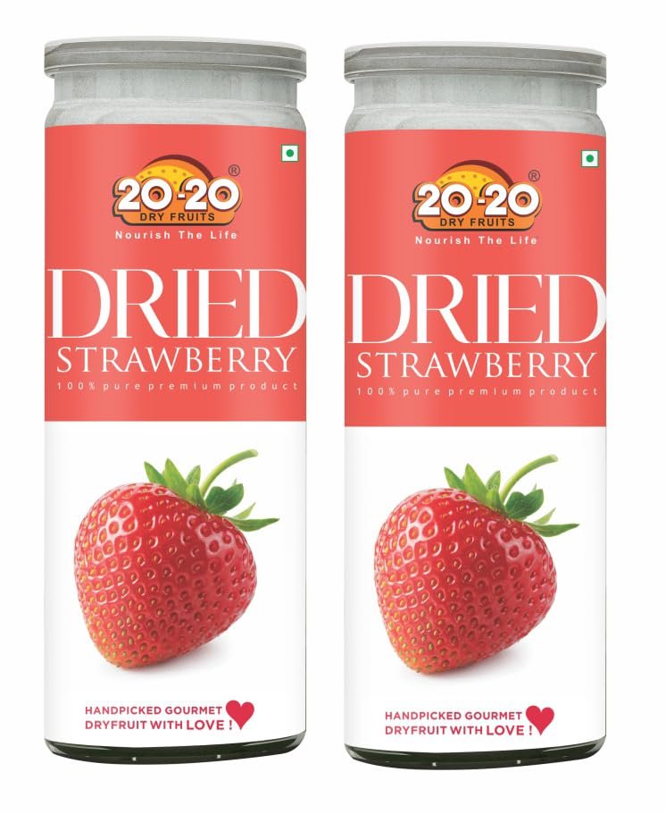 20-20 Dry Fruits Dried Strawberry Jar 400g(200g Jar*2) | Healthy Strawberry Snack| High in Anti-Oxidants & Vitamin C | Supports Heart Health & Immunity (Pack of 2)