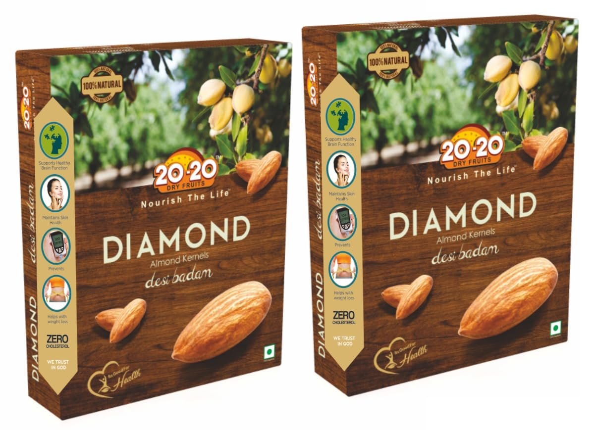 20-20 Dry Fruits California Almond Kernels 1Kg (500g*2) | Healthy and Tasty Badam Giri | High in Fiber & Boost Immunity - Gluten Free | Diamond Almond (Pack of 2)