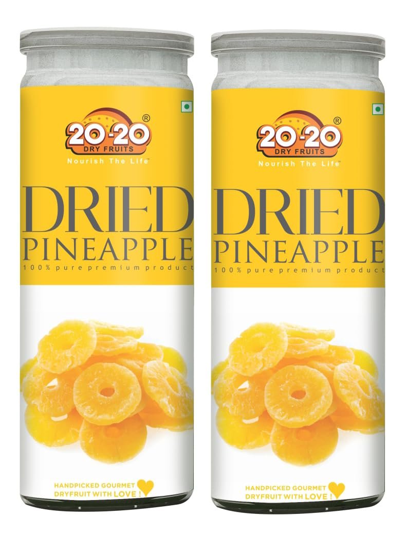 20-20 Dry Fruits Dried Pineapple Jar 400g (200g*2)| Dehydrated Fruit | Rich in Vitamins A & C | Supports Immune Health & Digestive Wellness | Vegan | No Preservatives| No Added Sugar (Pack of 2)