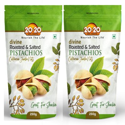 20-20 Dry Fruits California Roasted & salted pistachios 500 g (250g*2)| Pista nuts, Dry Fruits | Fresh, Crunchy & Nutrient-Rich| Jumbo Nuts (Pack of 2)