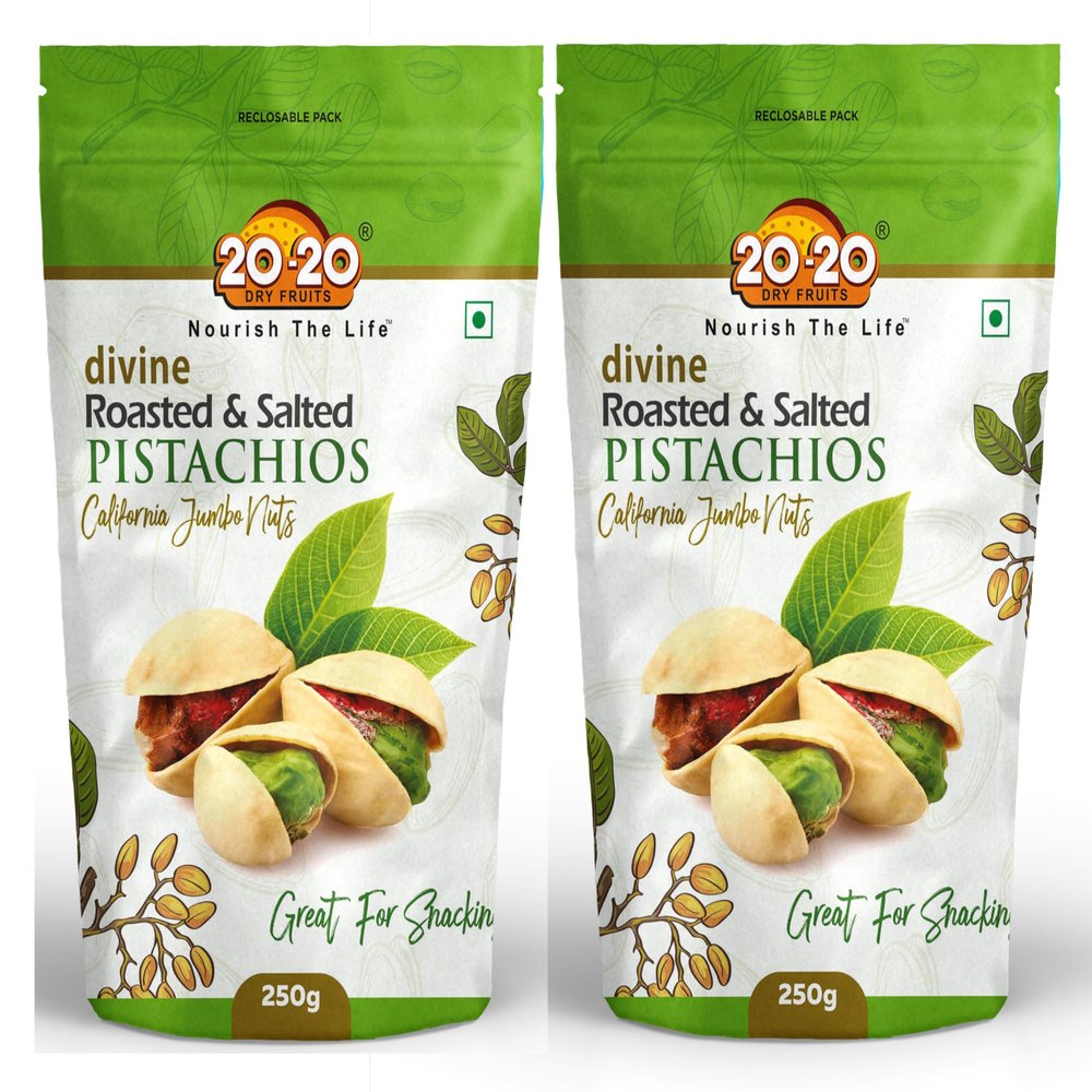20-20 Dry Fruits California Roasted & salted pistachios 500 g (250g*2)| Pista nuts, Dry Fruits | Fresh, Crunchy & Nutrient-Rich| Jumbo Nuts (Pack of 2)