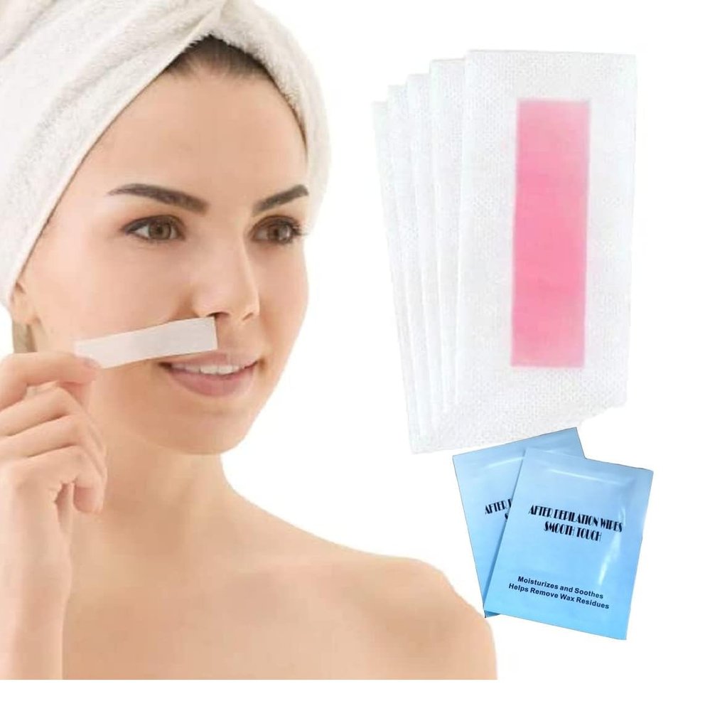 Eyebrow Wax Strips Face Eyebrow Shaper Wax Strips Cold Waxing Strip for Eyebrow Ready to Use Facial Hair Removal Strips for Women Home 20 pc + 2pc SmothTouch Depilation Wipes- Multi.