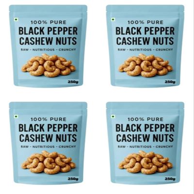 100% Pure Black Pepper Kaju Pouch, Raw, Crunchy Cashews, 1000g Pack of 4 (250g each)