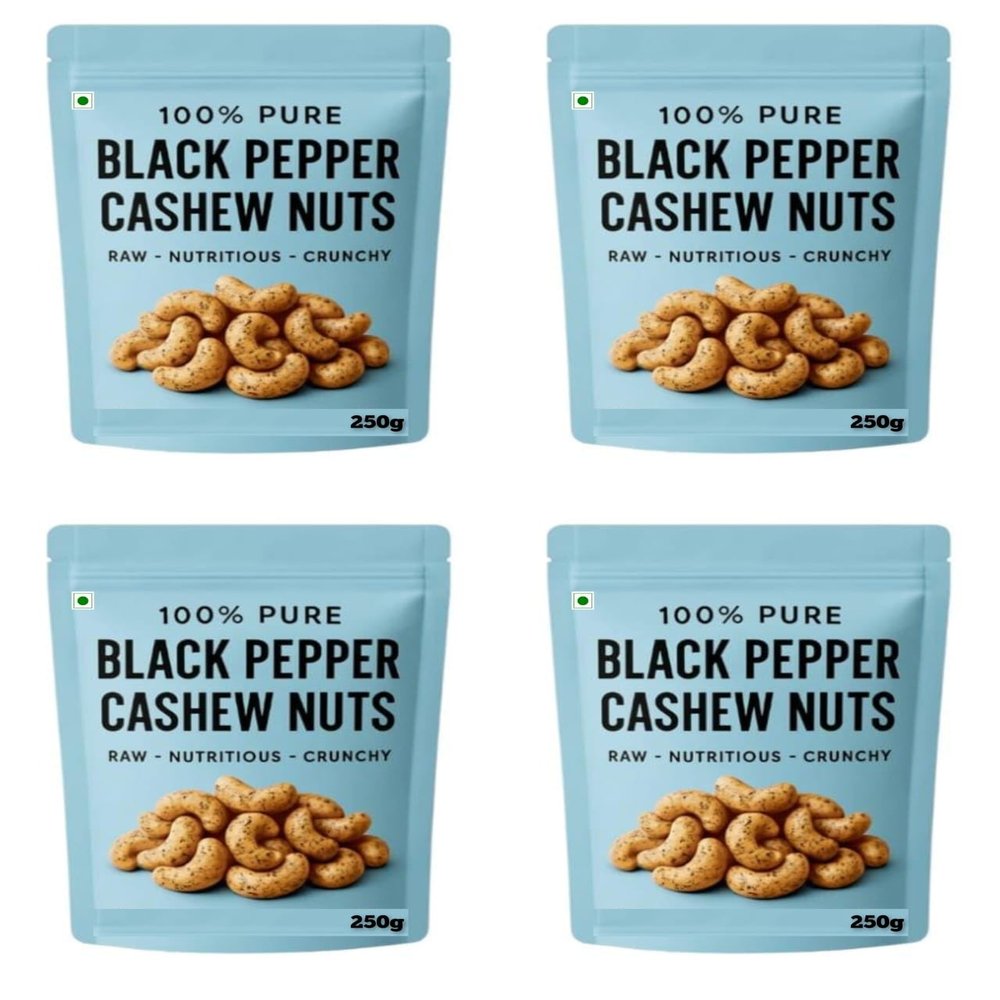 100% Pure Black Pepper Kaju Pouch, Raw, Crunchy Cashews, 1000g Pack of 4 (250g each)