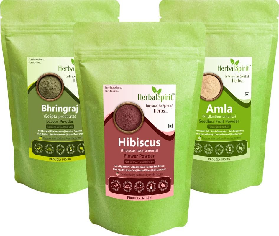 Herbal Spirit Organic Amla Powder, Bhringraj Leaves & Hibiscus Powder for Hair Growth | Hibiscus Flower Powder, Amla Powder for Hair & Bhringraj Powder for Hair Growth | 100gm each