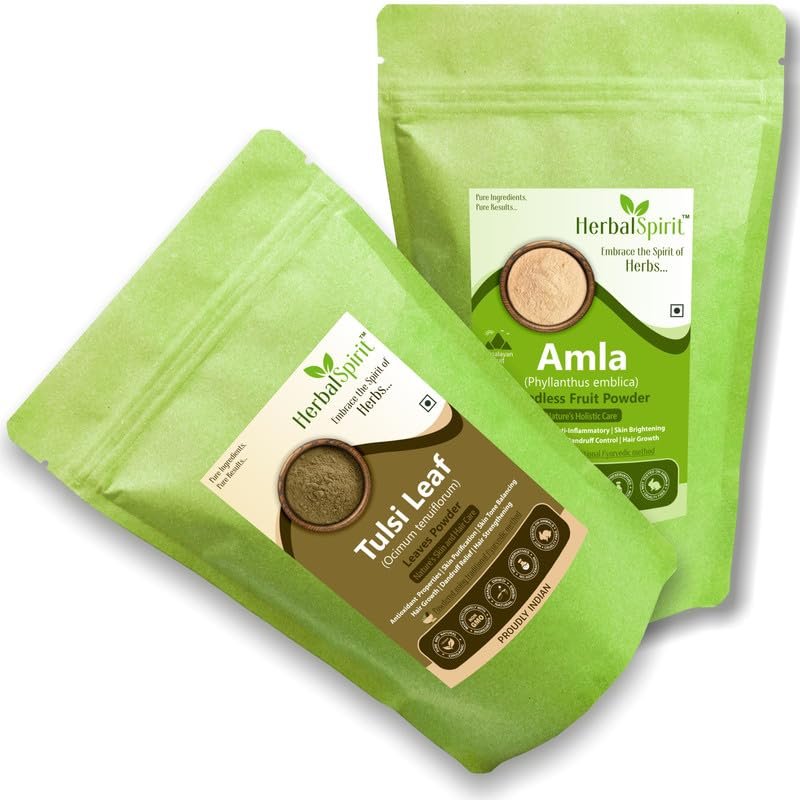 Herbal Spirit Tulsi Powder & Amla Powder for Hair Growth | Organic Amla Powder & Tulsi Powder for Face | Dried Tulsi Leaves & Indian Gooseberry | Dried Tulsi Leaves & Amla Churna Powder | 100gm each