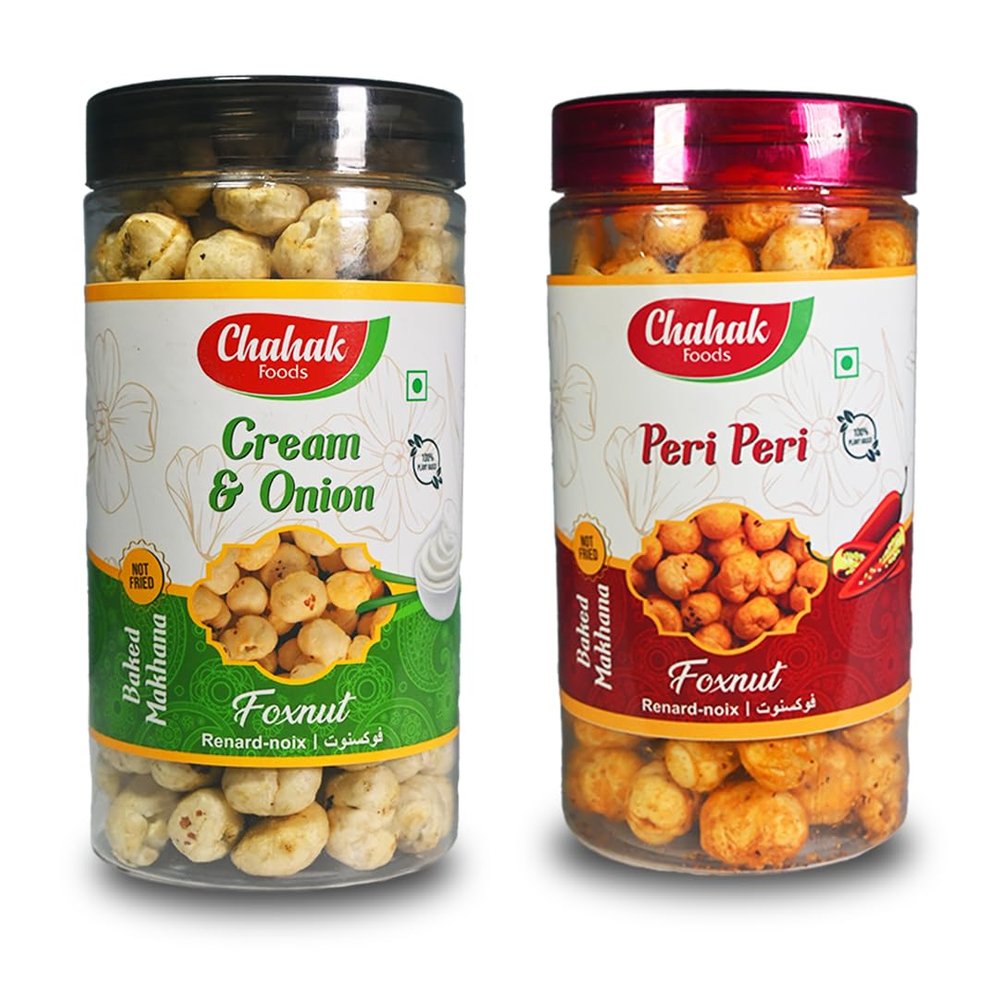 CHAHAK Cream and Onion Flavored Rosted Fox Nut 80gm Peri Peri 80gm Infused Roasted Makhana Pack of 2