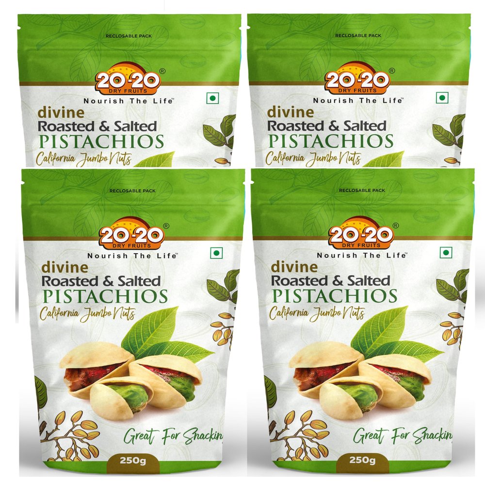 20-20 Dry Fruits California Roasted & salted pistachios 1kg (250g*4)| Pista nuts, Dry Fruits | Fresh, Crunchy & Nutrient-Rich| Jumbo Nuts (Pack of 4)