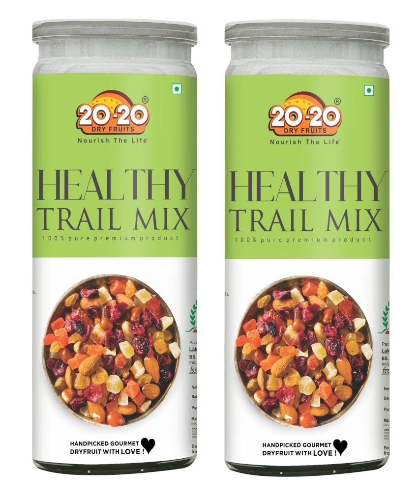 20-20 Dry Fruits Healthy Trail Mix Jar 400 g(200g Jar*2) - Dried Cranberries, Strawberry, Kiwi, Melon Seed,Flax,Sunflower, Pumpkin, Roasted Cashew, Roasted Almond ,Black Raisins | Healthy Gift Hamper (Pack of 2)