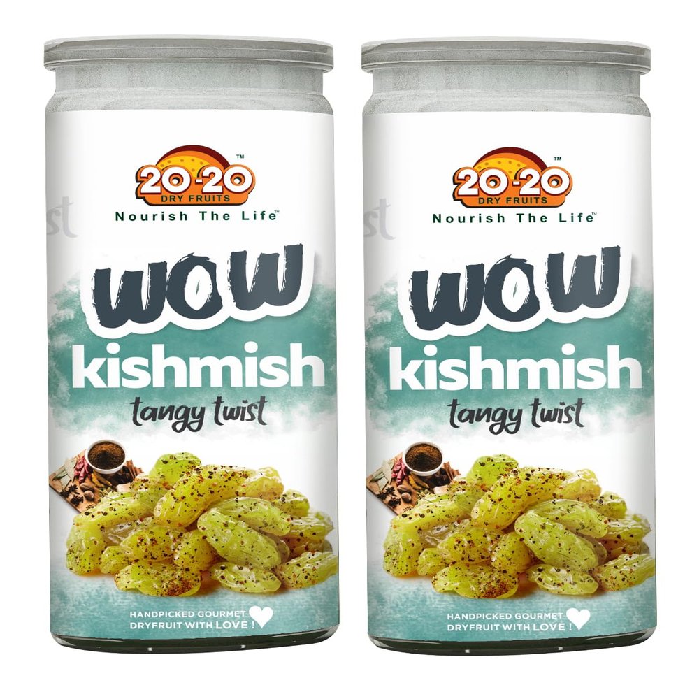 20-20 Dry Fruits Raisins Tangy Twist Jar 400g (200g Jar*2)  Unique Sweet & Tangy Flavor, Ideal for Trail Mixes & Desserts | Nutrient-Rich Snack | Big Size Tangy Twist (Pack of 2)