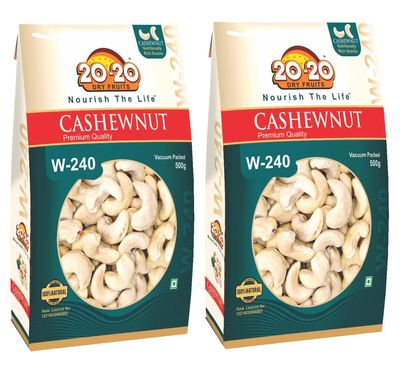 20-20 Dry Fruits Whole Cashew 500g (250g*2)| Large Size Cashew Nuts| Plain Kaju Dry fruits | Buttery, Rich Flavor & Crunchy Texture| W-240 (Pack of 2)