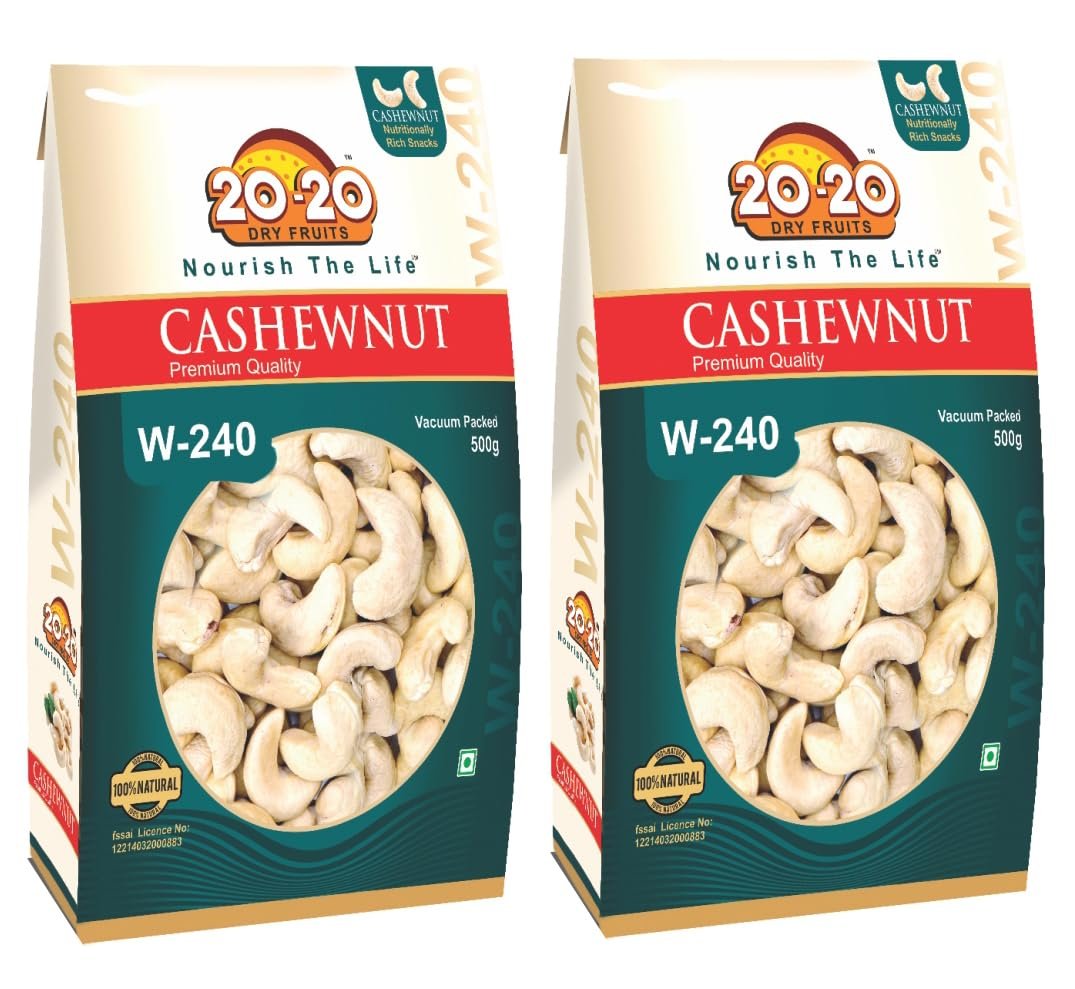 20-20 Dry Fruits Whole Cashew 500g (250g*2)| Large Size Cashew Nuts| Plain Kaju Dry fruits | Buttery, Rich Flavor & Crunchy Texture| W-240 (Pack of 2)