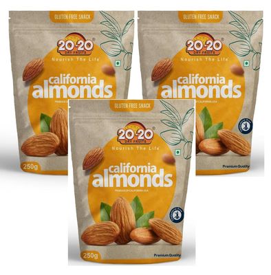 20-20 Dry Fruits California Almond 750 g (250g*3) |100% Natural,Dried Badam Giri | High in Fiber & Boost Immunity | Gluten Free & Zero Cholesterol (Pack of 3)