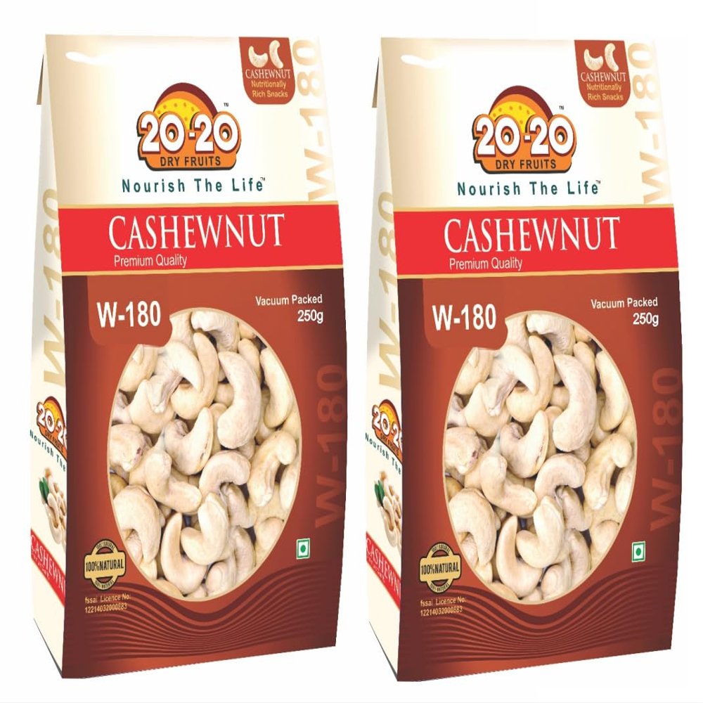 20-20 Dry Fruits Whole Cashew 500g (250g*2)| Cashew nuts | Plain Kaju Dry fruits | Buttery, Rich Flavor & Crunchy Texture | (W-180) Jumbo Size (Pack of 2)