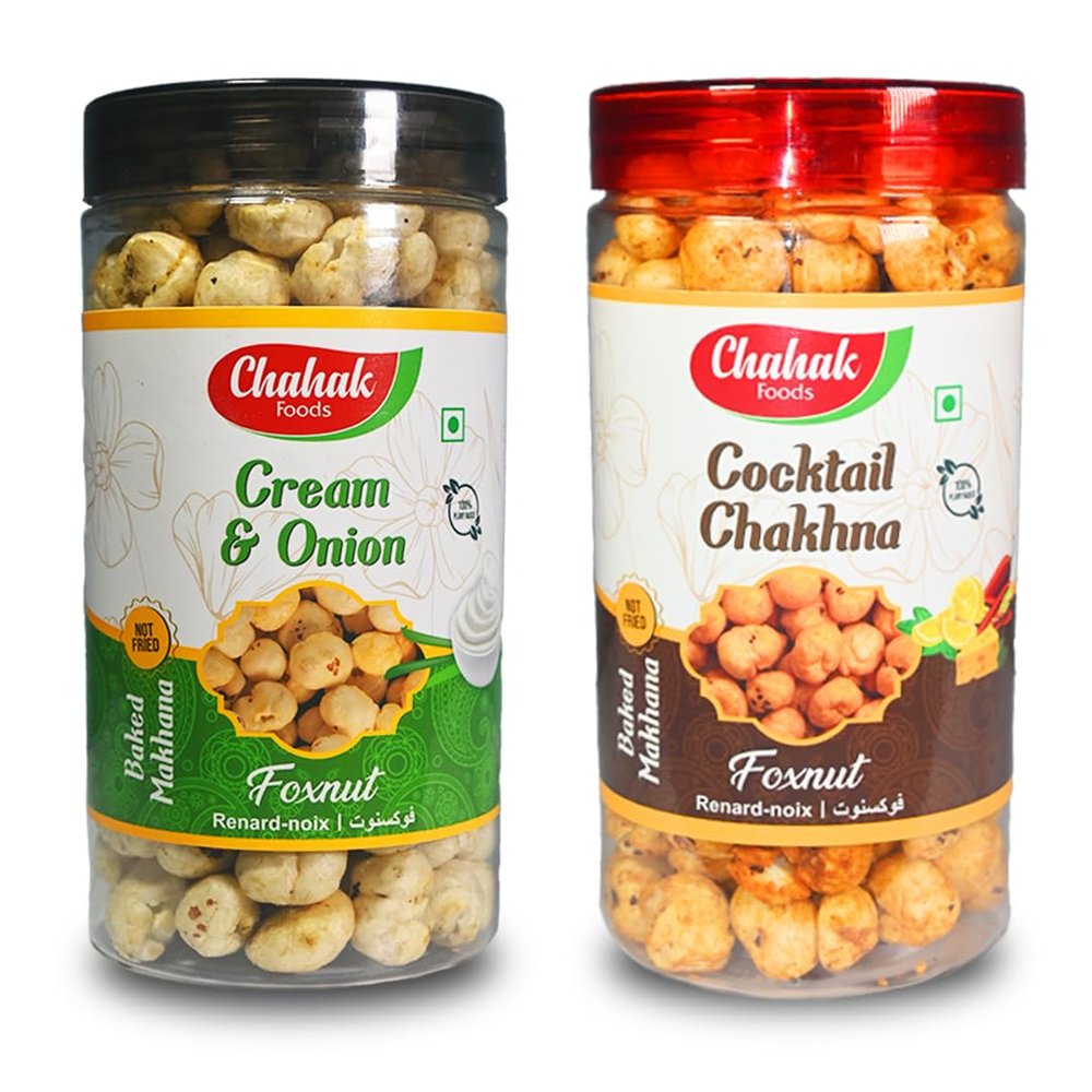CHAHAK Roasted & Flavored Makhana/Phool Makhana/Foxnut Cream Onion And Cocktail Chakhna Flavored Fox Nut 80gm Pack of 2