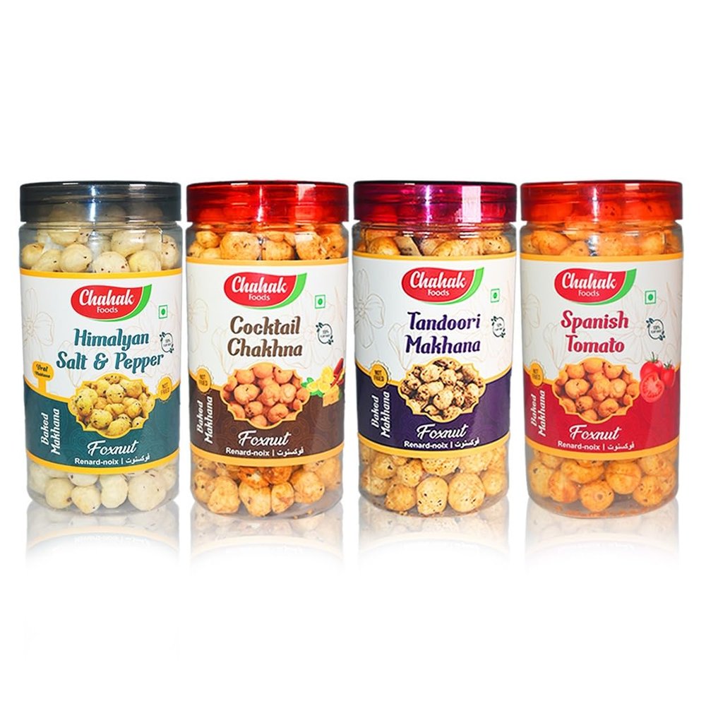 CHAHAK Flavored Makhana[Salt Peper,Cocktail Chakhna,Tandoori Masala,Spanish Tomato] Fox Nut (4 x 80 g)